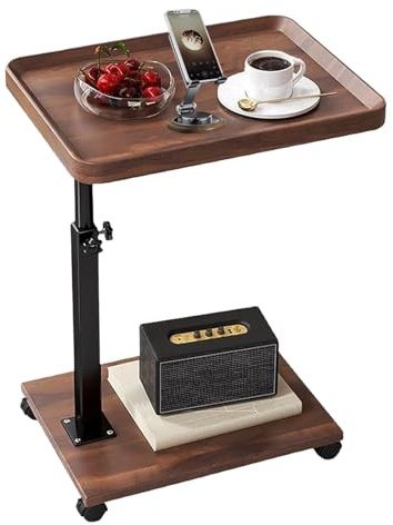 BOODPET Justerbart sidobord med hjul, höjd 45–80 cm, MDF-skiva med valnöt, 360° roterande, robust metallram, för soffa, säng, stol, läsning, arbete, drycker