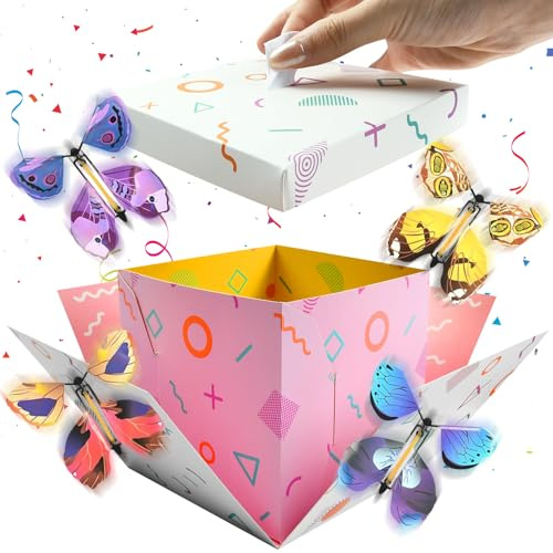 Caja de Regalo de Explosión Mariposas, 12,5 x 12,5 x 12,5 CM, Caja Sorpresa Explosiva DIY, Explosion Gift Box, Caja Sorpresa con Mariposas Voladoras, para Cumpleaños, San Valentín, Fiestas, Bodas
