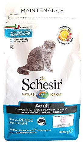 Schesir Cat Adult Maintenance Fisch, Katzenfutter trocken für Erwachsene Katzen, Trockenfutter im Beutel, 1er Pack (1 x 400 g)