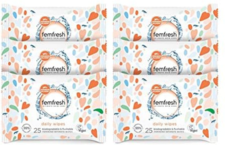Femfresh Intimate Wipes, with Calendula & Aloe Extracts, 6 x 25 Wipes | Flushable & Biodegradable Disposable Feminine Hygiene Vaginal Cloths, Freshening, Soothing, pH Balanced, Hypoallergenic