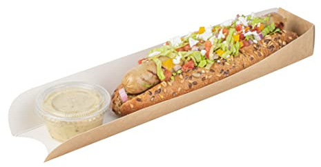 Restaurantware-Bio Tek 11.8 x 2 x 1.3 Inch Hot Dog Trays Pak of 200 Open-Design Hot Dog Containers - 3-Walled, Greaseproof, Recyclable, Disposable, Kraft Paper Serving Trays For Food Trucks