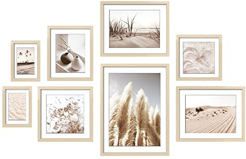 ArtbyHannah Gallery Wall Frame Set, 8 Pack Picture Frames Collage Wall Decor with Neutral Pampas Grass Art for Living Room, Assorted Size Including 11x14, 8x10, 5x7(Beige Frame)