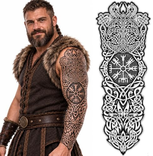 Tatodays tillfällig tatuering full arm stick på kroppskonst viking isländsk medeltida keltisk transfer för kvinnor och män cosplay halloween vuxen aegishjalmur temp tatuering livets träd vargar