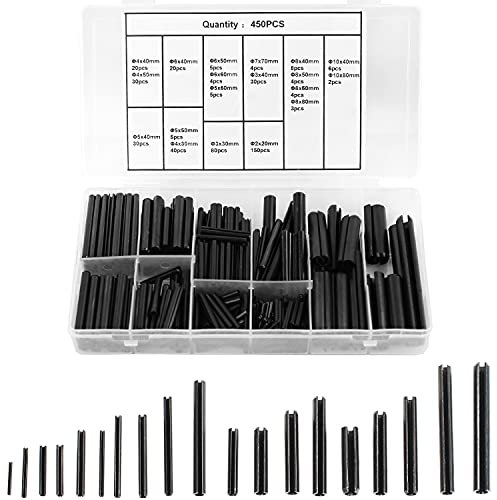 Lot de 450 goupilles à ressort creuses fendues en acier inoxydable - Boîte d'assortiment de goupilles de serrage (noir, 2 à 10 mm)
