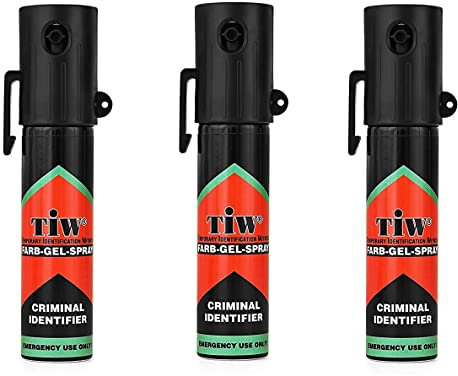 Self-Defence Spray. UK Legal Pepper Spray alternative. FARB-GEL-SPRAY with Criminal ID Dye. UK Police Used Brand TiW TW1000. Pocket Clip. Keyring Hole. Safety Trigger. (3x 20mL UNITS). Made in Germany