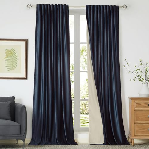 Navy Blue Blackout Velvet Curtains 108 inch for Living Room,Full Blackout 2 Panels Back Tab Deep Blue Thermal Insulated Room Darkening Liner Curtain Noice Reducing Soundproof Window Drapes for Bedroom