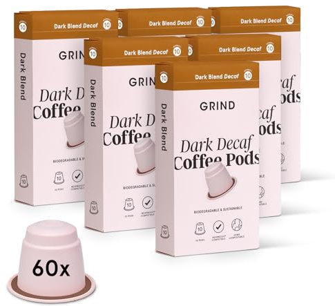 Grind Decaf Dark Coffee Pods – Pack of 60 Biodegradable Capsules – Naturally Decaffeinated – Nespresso® Original Compatible – Home Compostable – Barista Quality and Specialty Grade – Dark Roast