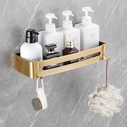 Estante de baño adhesivo o perforación, Accesorios Ducha, Organizador de Ducha, Soporte de Champú con Ganchos, Color Latón Antiguo