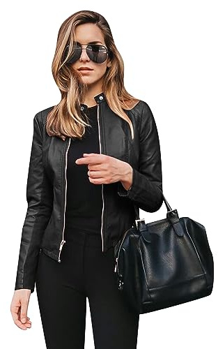 OMZIN Femmes Snap Neck Similicuir Zip Jacket Solid Color Veste De Moto Courte Et Légère Noir XXL