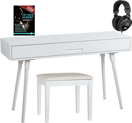 Classic Cantabile DP-730 WP Digitalpiano Set - Tisch mit eingebautem Piano - 88 Tasten mit Hammermechanik - Inklusive Notenhalter, Pedaleinheit, Klavierbank, Kopfhörer und Schule - Weiß matt