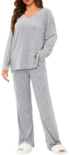 Tuopuda Womens 2 Piece Tracksuit Ladies Ribbed Loungewear Knit Outfits Pyjamas Set Nightwear Homewear V Neck Long Sleeve Jumpers and Wide Leg Trousers with Pockets