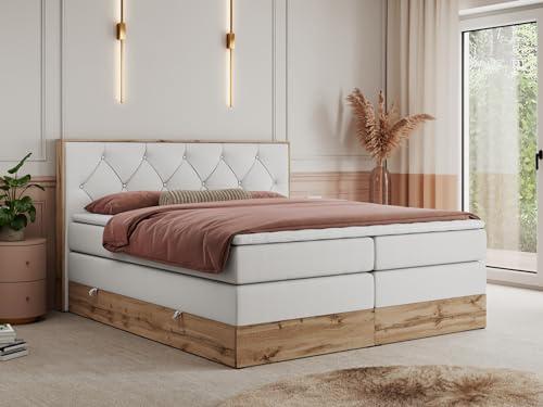 MKS MEBLE King Boxspringbett 180x200 mit Kopfteil und Bettkasten, Polsterbett mit Matratze H4 und Topper T25, Wotan Eiche Dekor - WeiĂź Kunstleder - Veneto King