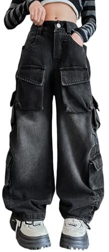 Rolanko Pantalones Baggy Cargo para Niñas, Cintura Alta Elástica, Jeans Rectos de Pierna Ancha con Múltiples Bolsillos, Retro Negro, Talla: 10-11 Años/150