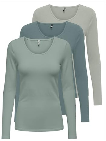 ONLY Damen Onllive Love Life LS Oneck Top, 3er Pack, Green Milieu/Stormy Sea/Mineral Gray, S
