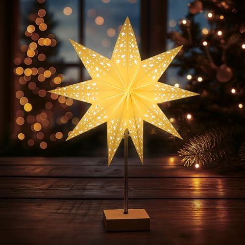Festicy Weihnachtsstern beleuchtet aus Papier I Papierstern stehend auf stabilem Ständer Ø 45 cm I Stern Lampe als Tischlampe Weihnachten geeignet I Weihnachtsstern mit Ständer