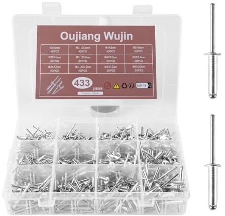 Oujiang Wujin 433 pezzi rivetti ciechi con scatola portaoggetti, rivetti, rivetti aperti, rivetti cavi, adatti per auto, edilizia, industria, riparazioni quotidiane e fai da te.