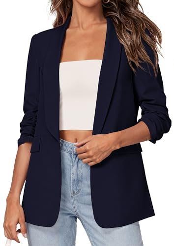 PRETTYGARDEN Women's 2026 Spring Blazers Business Casual Outfits Open Front Ruched 3/4 Sleeve Lightweight Work Suits Jackets (Navy Blue,Medium)
