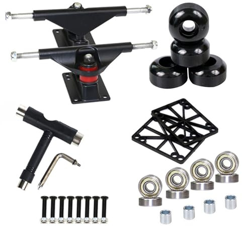 Set Completo Skateboard con Truck– Coppia Truck in Metallo, 4 Ruote PU, 8 Cuscinetti, Pad Antiurto e Viti, Kit di Montaggio per Skateboard Double Kick Principianti e Avanzati