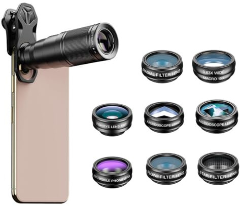 SagTuol Objetivo para movil Universal, 10 en 1 Lentes Macro para movil, 22x Telephoto, 0.63x Wide, 15x Macro,198° Fisheye, Objetivo telefono,para la mayoría de Smartphones