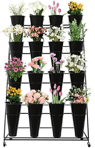 Generico Espositore for Fiori Ferro Battuto, Robusto Mobile, con Ripiani Bouquet Carrello Portafiori Esterno Dotato Secchi Plastica Ruote, for Casa Patio Giardino Matrimoni Feste(Nero,4pcs,4tires)