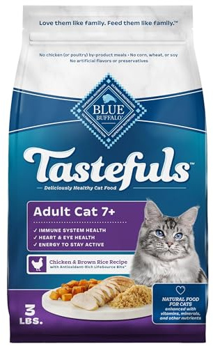 Blue Buffalo Tastefuls Mature Dry Cat Food for Adult Cats 7+, Made in the USA with Natural Ingredients, Chicken & Brown Rice Recipe, 3-lb. Resealable Bag