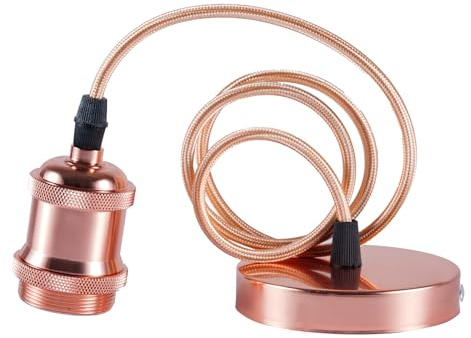 Sevenpers E27 Ceiling Pendant Light Fitting,Rose Gold Vintage Style Ceiling Rose Light Fitting with Lamp Holder Braided Cable Pendant Light Kit (with Ground Wire)