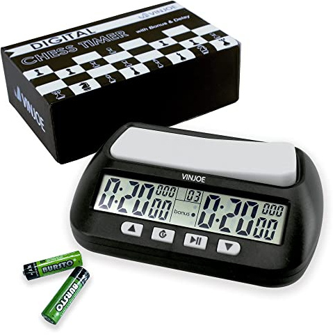 VINJOE Digital Chess Timer, Portable Chess Clock & Game Timer for Board Games with Basic, Bonus, Delay and Positive Time Features (Black)