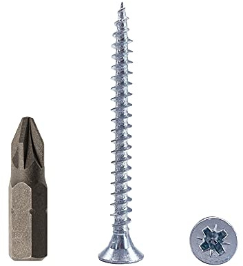 Paquete de 100 tornillos de madera de acero chapado en zinc 4,0 x 45 mm, tornillos de madera aglomerada, tornillo universal Pozi-Drive, PZ totalmente roscado, cabeza avellanada (100, 4,0 x 45 mm)