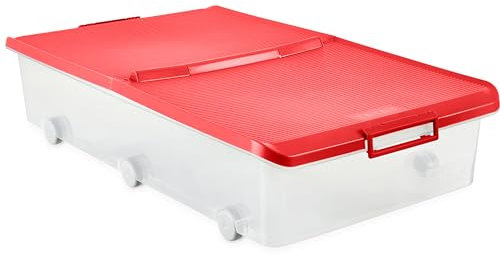 Tatay Boîte de rangement sous lit avec couvercle à double ouverture, 63 l de capacité, avec poignées et roulettes, couvercle 100% matériaux recyclés, sans BPA, rouge. Dimensions 45 x 78 x 18 cm