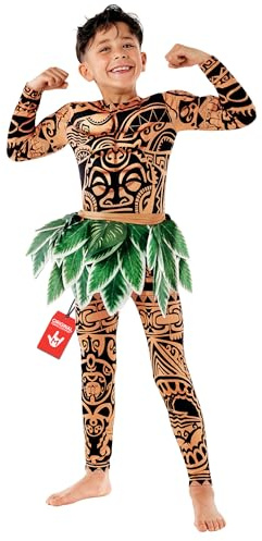 Morph Polynesisk Halvgudskostym Barn, Jumpsuit med Tatueringstryck & Lövbälte, Pojke Utklädnad Karnaval