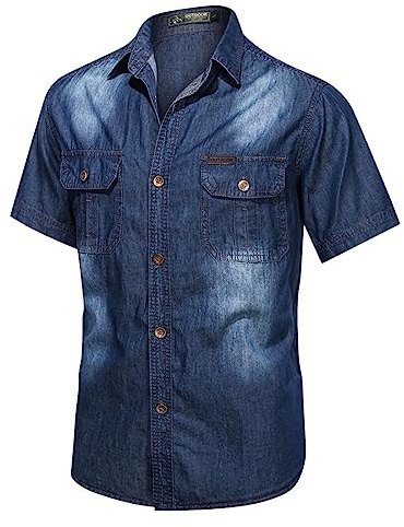 XuanXmy Mäns mode retro stressed revers kortärmad jeansskjorta med framficka