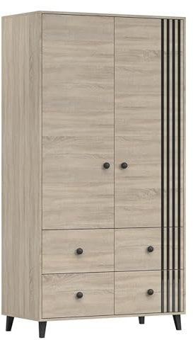 Kleiderschrank Drehtürenschrank mit Schubladen Falttürenschrank 2-türig Schrank mit Einlegeböden und Kleiderstange - Kinderzimmer Schlafzimmer 104x201,5x55 cm - FORTEN 2D4S (Sonoma + Schwarz)