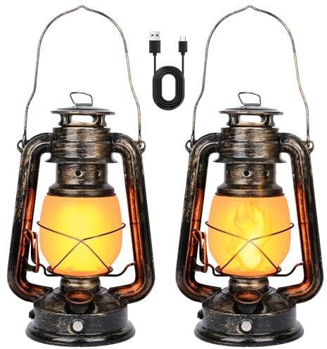 Weinsamkeit Lanternes Exterieur, 2 Pièces LED Lanterne d'extérieur Vintage Rechargeable, Réaliste Effet Flamme, Rétro Lampe Tempete LED pour Maison, Jardin, Camping, Terrasse, Porche