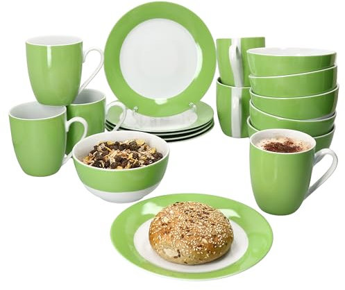 MamboCat Service de petit-déjeuner Variant vert 18 pièces I 6 petites assiettes, 6 bols de 450 ml et 1 tasse à café 350 ml, hauteur 10,3 cm pour 6 personnes I Vaisselle en porcelaine pour le petit