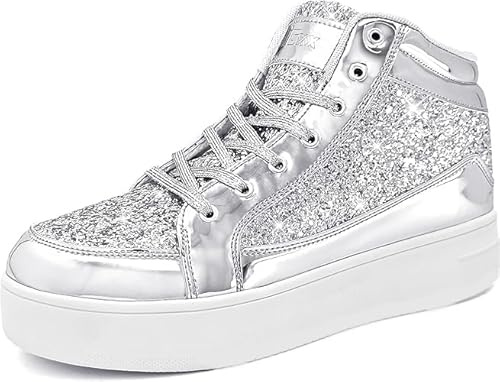 IGxx Womens Platform Glitter Shoes High Top Sparkly Sneakers Shiny Fashion Bling Dressy Sequin Metallic Sneakers Disco Wedding Shoes Silver Women Size 8