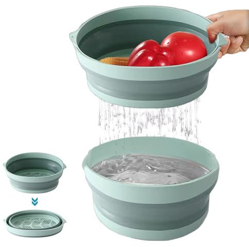 Fiyuer Scolapasta Pieghevole Silicone, 2 in 1 Scolapasta da Cucina, Scolapasta Colino Frutta Doppio Strato, Colander Setacci Pieghevole Colapasta per Scolare Pasta Verdura e Frutta, Verde