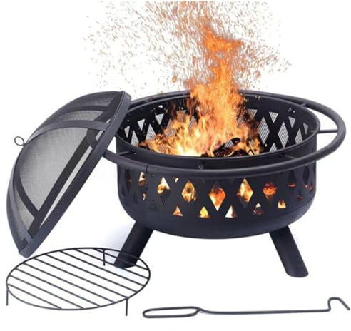 Brasero para el jardí Pozo de Fuego de jardín con Estante para Parrilla de Barbacoa Tazón de Fuego al Aire Libre Quemador de Madera de carbón para Patio Trasero Terraz