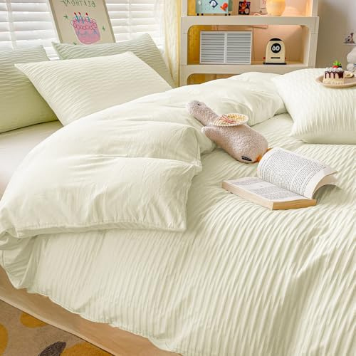 Set di biancheria da letto king size, con federe, per ragazzi e adulti, in morbida microfibra di poliestere, motivo seersucker, colore bianco crema, 230 x 220 cm