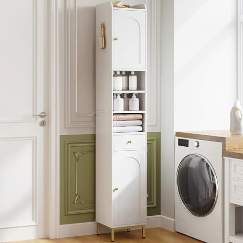 Hzuaneri Meuble Colonne de Salle de Bain, Meuble de Rangement, Armoire Etroit avec Etagères Réglables, 1 Tiroir et 2 Portes, Armoire Haut pour Salon, Chambre, Bureau, Blanc BC29013G