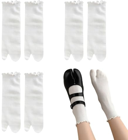 SamHeng Tabi Flip Flop Socken für Damen, 3 Paar japanische Baumwollsocken mit geteilter Zehenpartie, wadenlang, elastisch, mit Rüschen, Shinobu, Cosplay, Extra-Socken (Weiß)