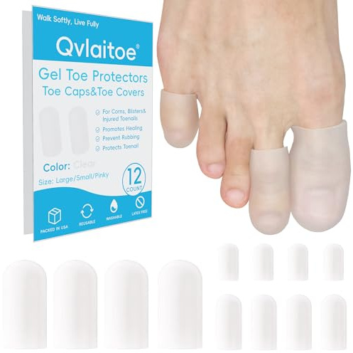 Qvlaitoe Gel Toe Protectors and Toe Caps - Toe Cushions for Missing or Ingrown Toenails, Corns, Blisters, Hammer Toes (Clear, 12 Pack, Multi-Size)