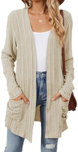 Famulily Rib Knitted Long Comfy Cardigans for Women, Open Front Sweater Cardigans for Ladies with Pockets (L, Beige)