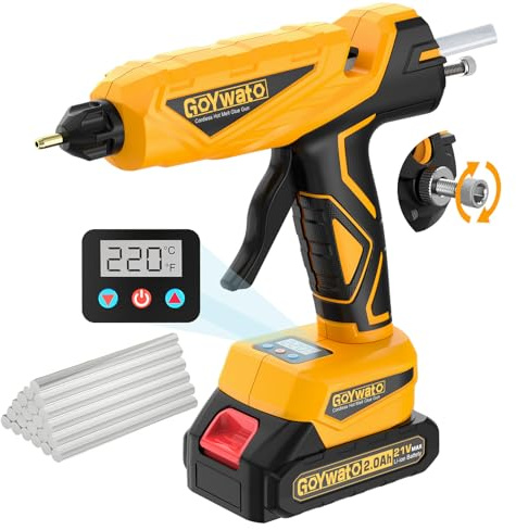 GoYwato 21V 150W Cordless Hot Glue Gun with Temper & Glue Output Adjustment | 20×11mm Glue-Gun Sticks, Fast Heating & Anti-Drip Nozzle & Digital Display Screen, for Crafts DIY Art Projects Home Repairs