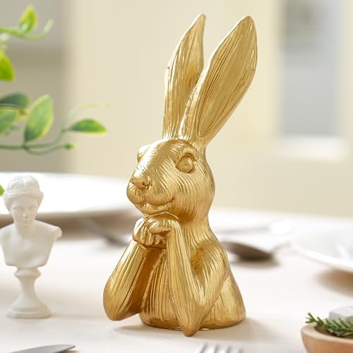 AOMOONOA Gold Bunny Statue, Resin Easter Bunny Figurine, Golden Rabbit Head Bust Sculpture, Thinking Bunnies Head Decor for Table Centerpiece, Indoor Spring Mantel Easter Decor, Gift