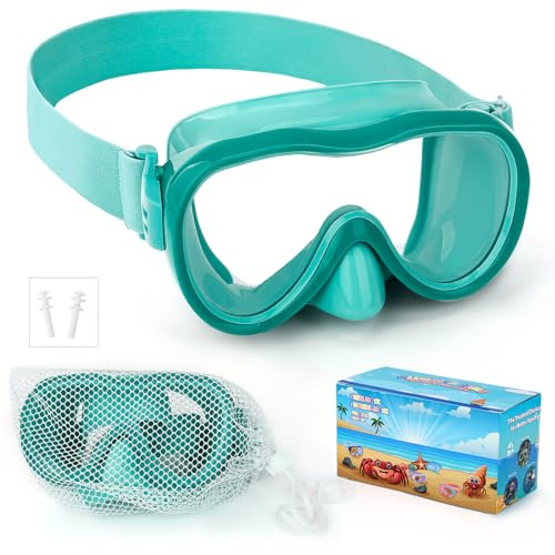 Kids Swim Goggles, Snorkel Mask Diving Mask Swimming Goggles with Nose Cover and Elastic Straps Cover & Mesh Bag & Ear Plugs