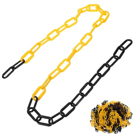 GRIRIW Cadena de Barrera de Seguridad de Plástico Amarilla y Negra 6 Mm, 25 Metros, Eslabones Resistentes para Control de Multitudes y Delimitación en Obras, Barrera Ligera y Durable