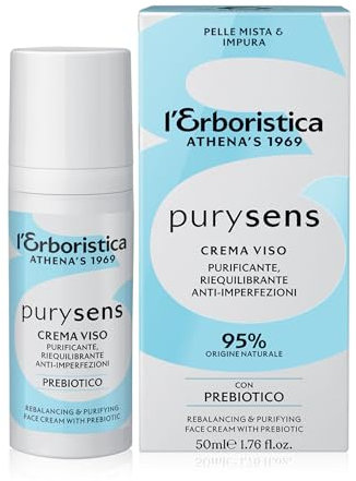 L'Erboristica Athena's - Purysens - Crema Viso Purificante - Crema viso Anti-imperfezioni con Prebiotico Vegetale per Pelle Mista e Impura - Pelle Acneica e Punti Neri - 50 ml
