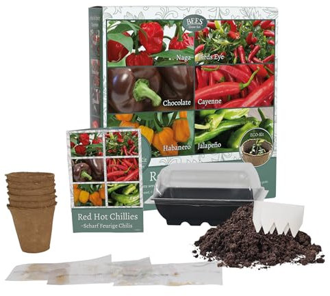 Grow Your Own Chilli Kit, Red Hot Chilli Complete 21 Piece Chilli Grow Kit Gift Set, Habanero, Cayenne, Jalapeno, Naga & Chocolate Pepper, Gardening Gifts for Women and Men