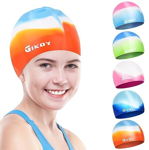 Swimming Cap Kids, Swim Caps for Girls Boys Children Aged 5-14, GIKOY Comfortable Stretchable Hats Long Hair, Silicone Odour Free Waterproof Hat, Non-Slip lining & Keep Hair Dry, Blue Orange, S