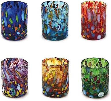 MAZZEGA ART & DESIGN Petits verres à shot pour Tequila et Liqueur en verre soufflé et travaillés à la main avec des murrines de Murano. Les couleurs de Murano. Modèle SHOT 70 ml (MIX, 6)